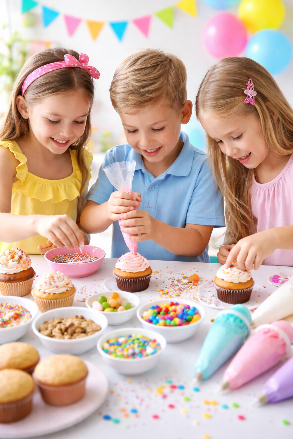 Kids decorating cupcakes at a fun cupcake decorating party activity
