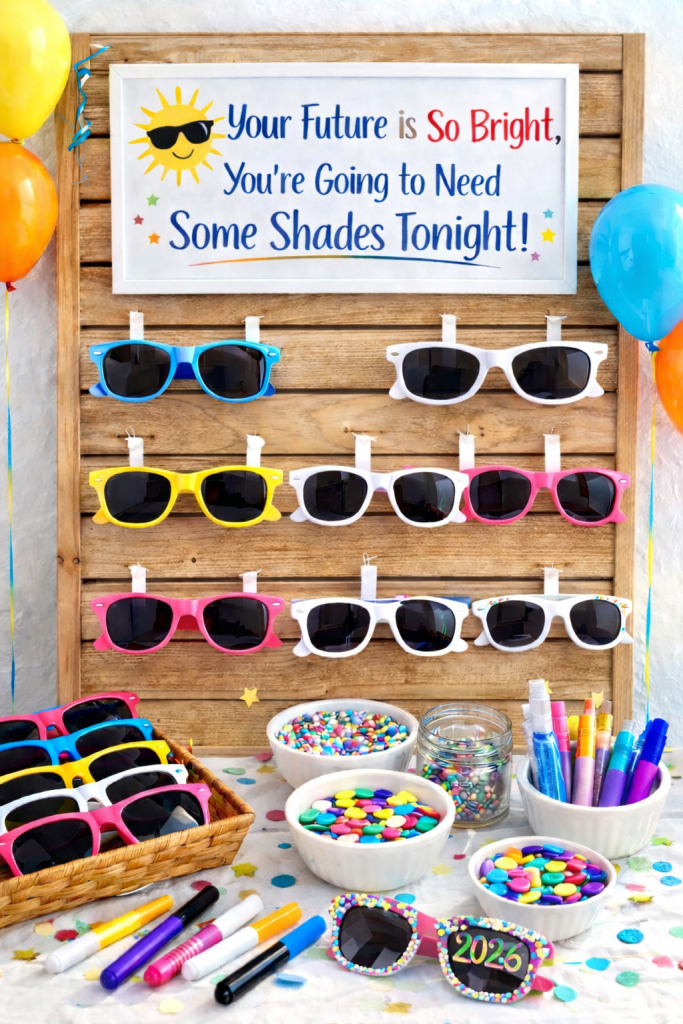 graduation sunglasses decorating bar with display board