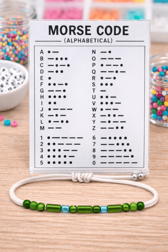 DIY Morse code bracelet example with bead pattern chart and colorful bead jars in the background.