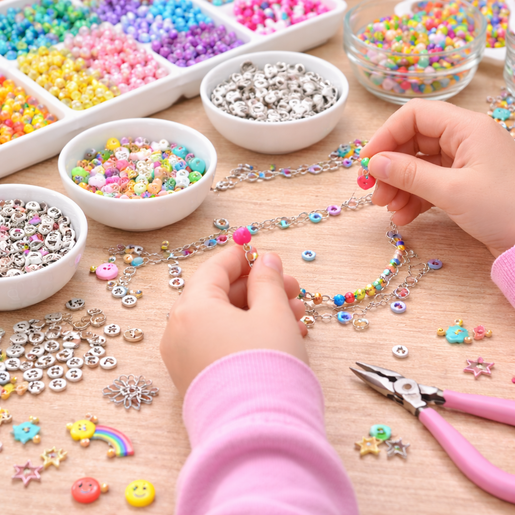 Charm bracelet making station with bowls of colorful beads and assorted charms on a party activity table for kids.
