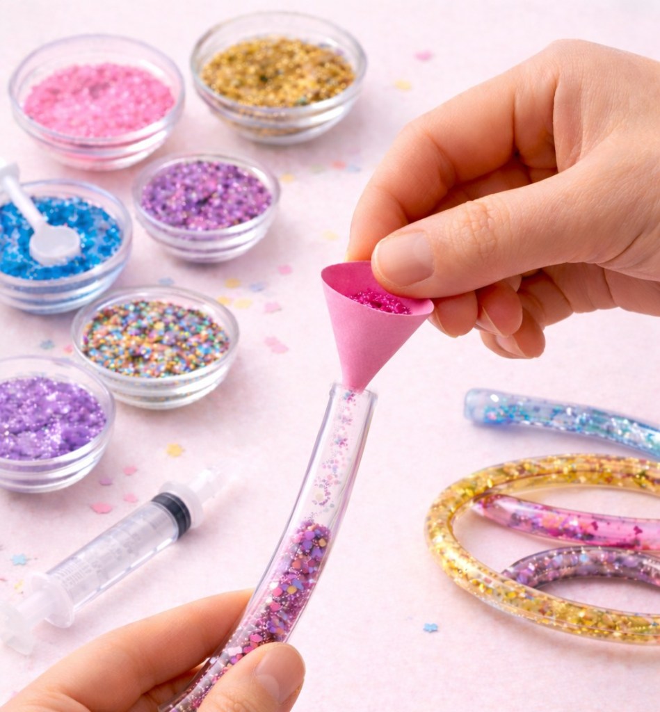 Hands using a pink paper funnel to fill a clear plastic bracelet tube with pink glitter on a wooden craft table with bowls of glitter and finished glitter bracelets.