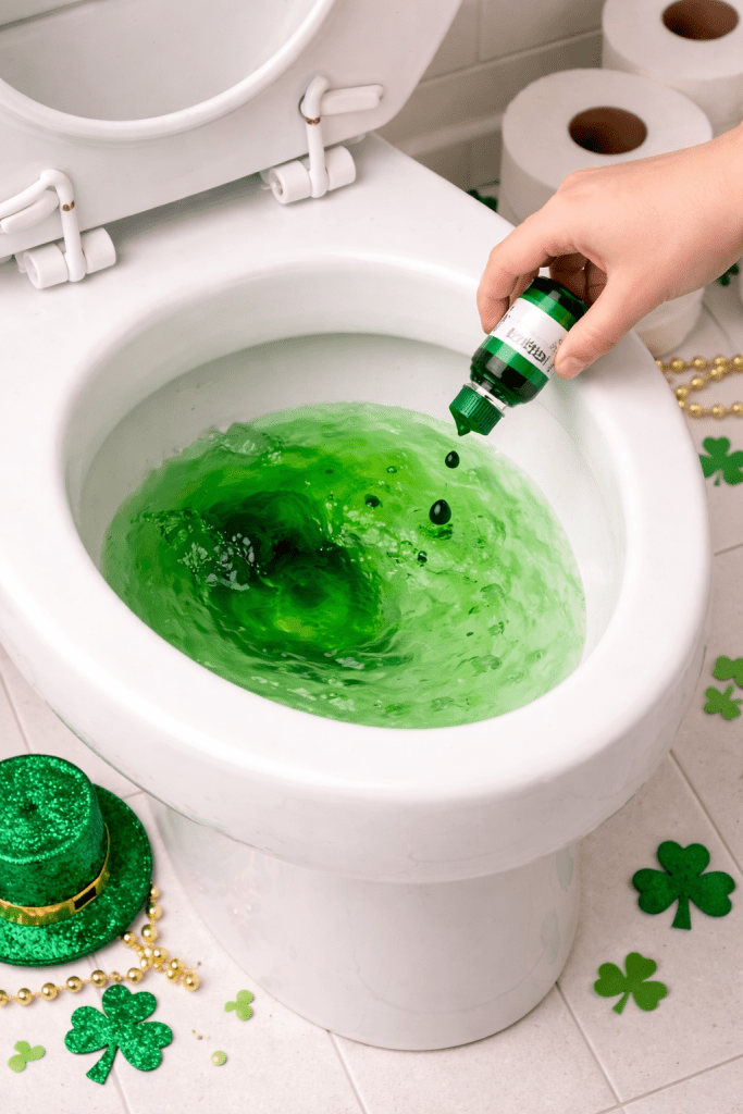 Toilet bowl water turned green with food coloring as a funny St. Patrick’s Day leprechaun trick for kids.