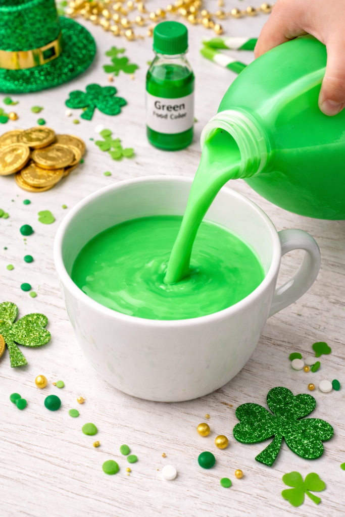 Green milk being poured into cereal for a St. Patrick’s Day leprechaun breakfast surprise for kids.