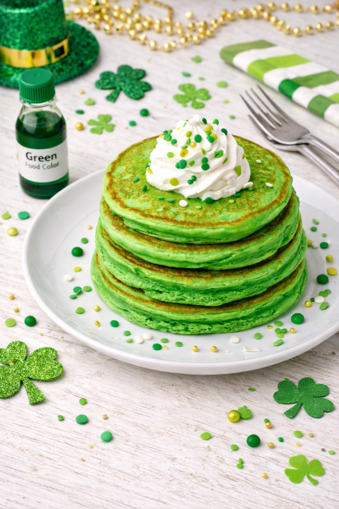 Stack of green pancakes made with food coloring for a fun St. Patrick’s Day breakfast for kids.