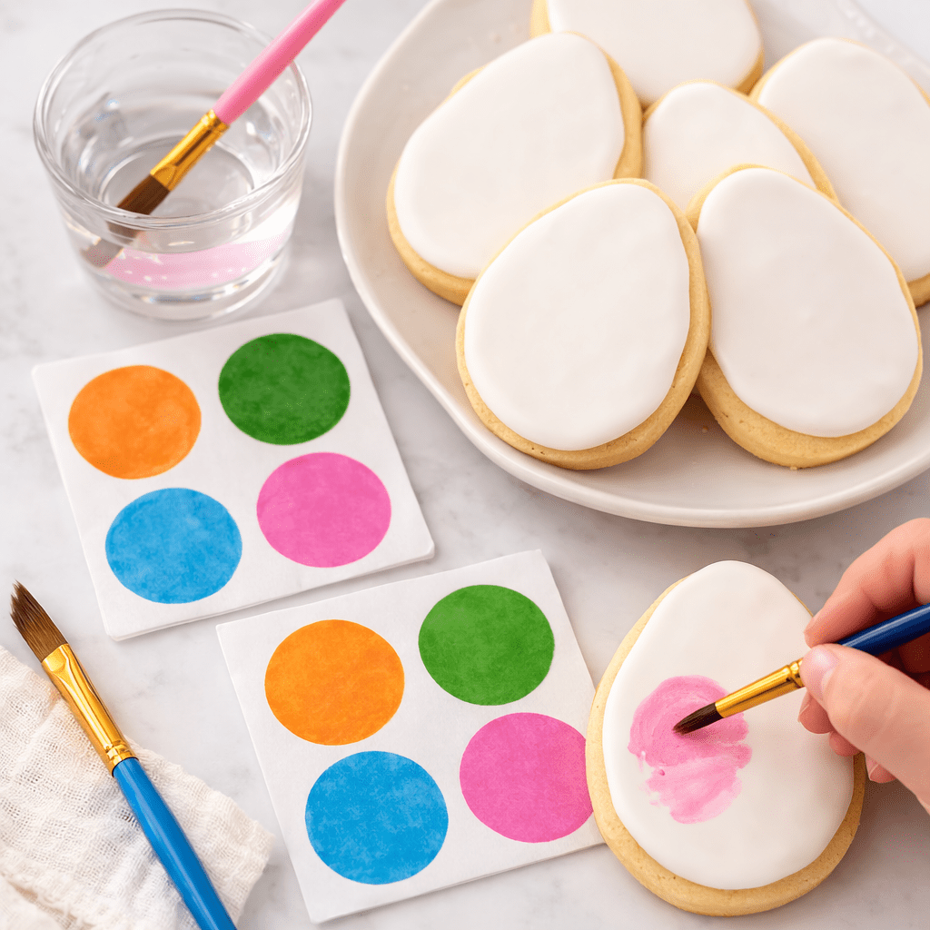 Easter egg sugar cookies with white icing being painted using edible paint palettes and small brushes