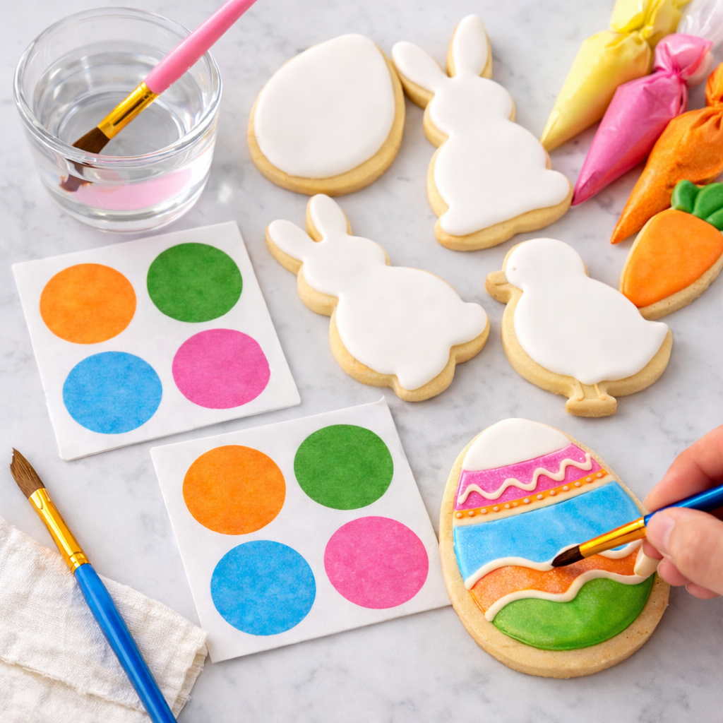 DIY Easter sugar cookies in egg, bunny, chick, and carrot shapes with royal icing ready for cookie painting