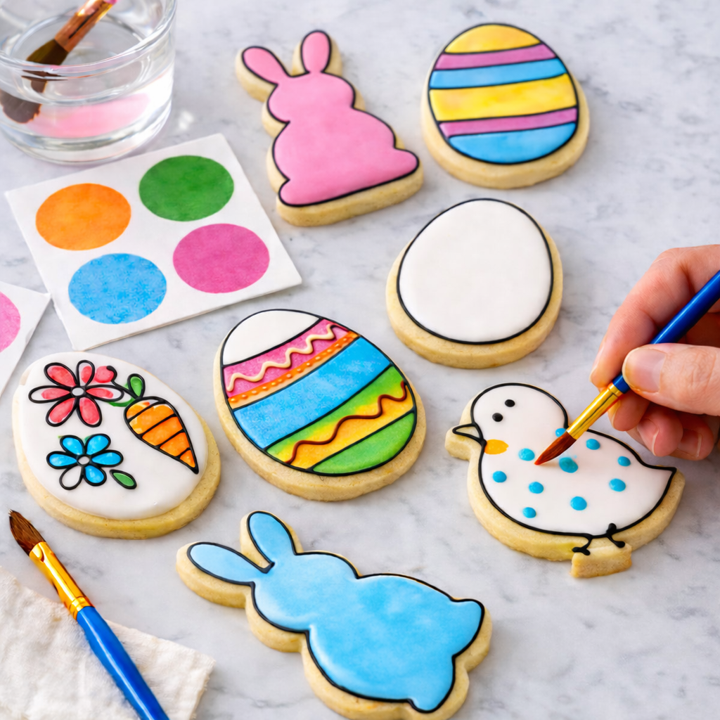 Painting Easter sugar cookies with black outline designs using edible paint and small brushes