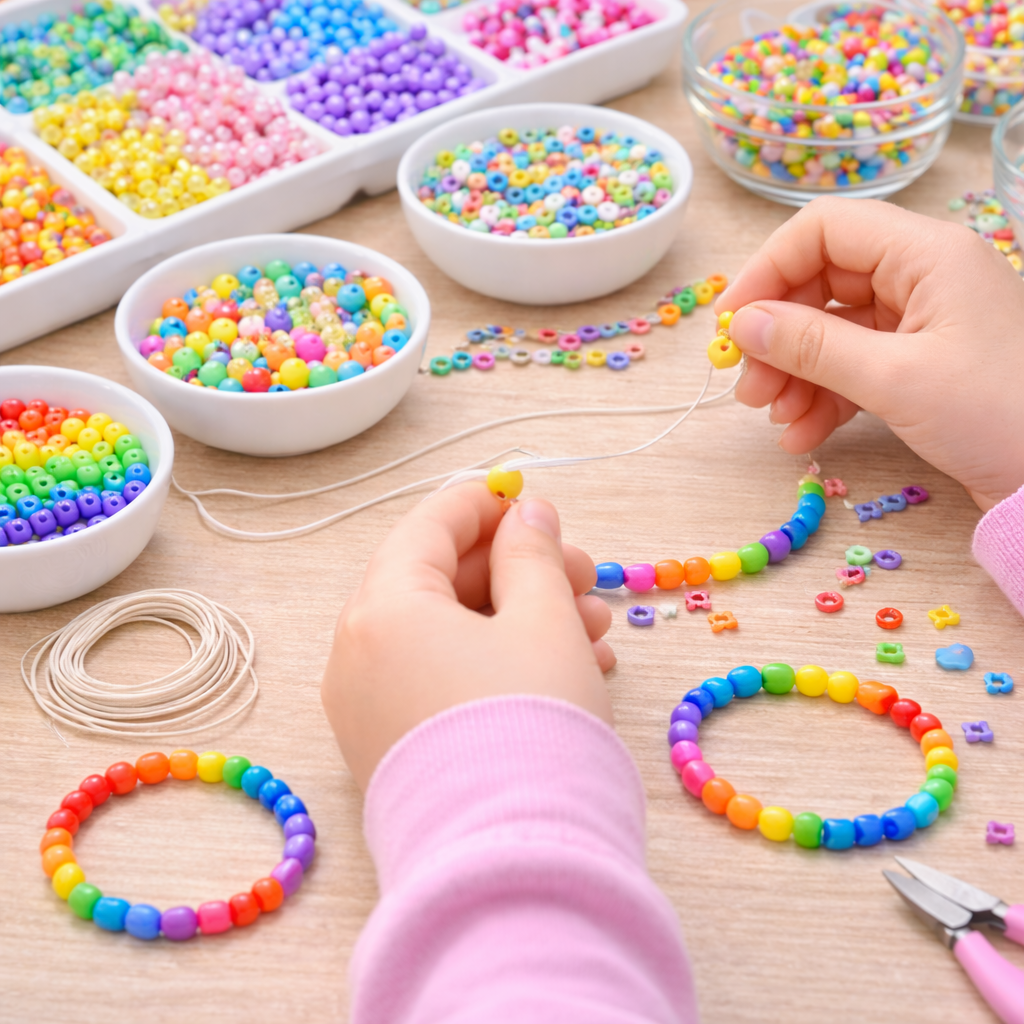Child making a rainbow bead bracelet with colorful beads and string on a neatly organized craft table