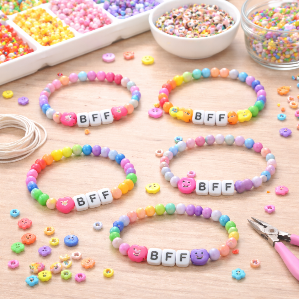 Colorful friendship bracelets with BFF letter beads arranged on a table with beads and jewelry making supplies