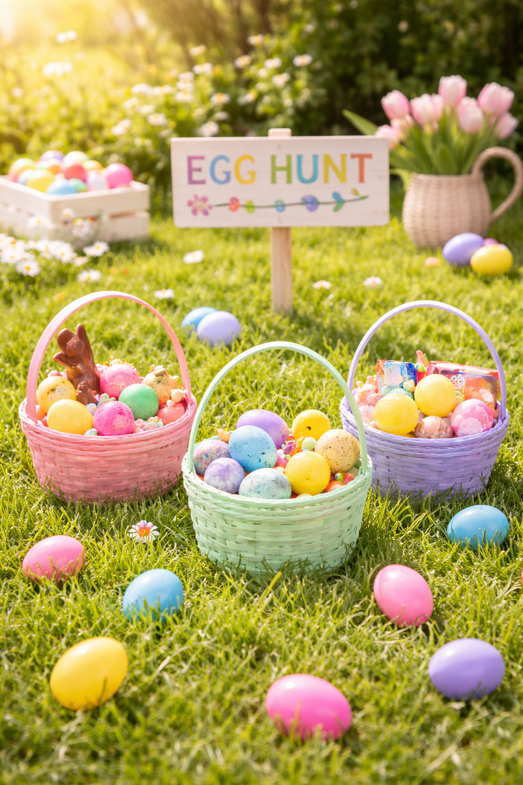 Easy Easter egg hunt ideas for kids including glow in the dark eggs, color coded eggs, golden egg hunt, and activity eggs.