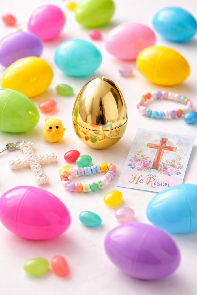 Golden Easter egg hunt with special prize egg hidden for kids to find.
