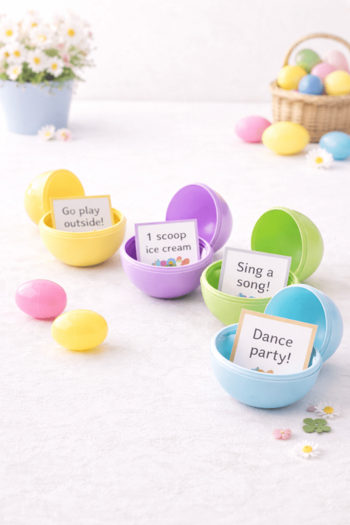 Easter eggs filled with activity cards like build a fort, choose dinner, and go to the park.