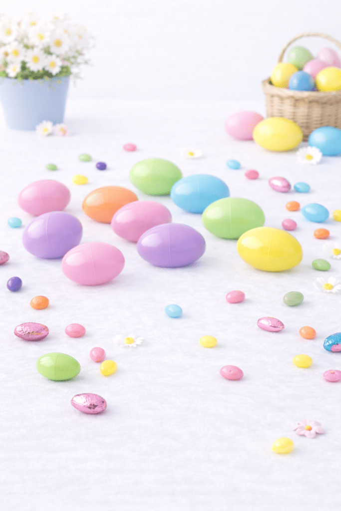 Classic Easter egg hunt with colorful plastic eggs hidden in grass and kids collecting eggs in baskets.