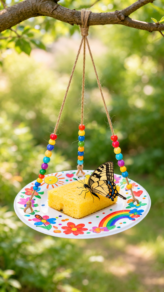 DIY butterfly feeder hanging from a tree branch, made with a decorated white plate covered in colorful kid-painted designs like flowers and a rainbow. Three twine strings with bright beads hold the plate evenly. A slightly damp yellow sponge sits in the center, with a yellow and black butterfly resting on it. Soft green foliage and warm sunlight create a bright, cheerful background.
