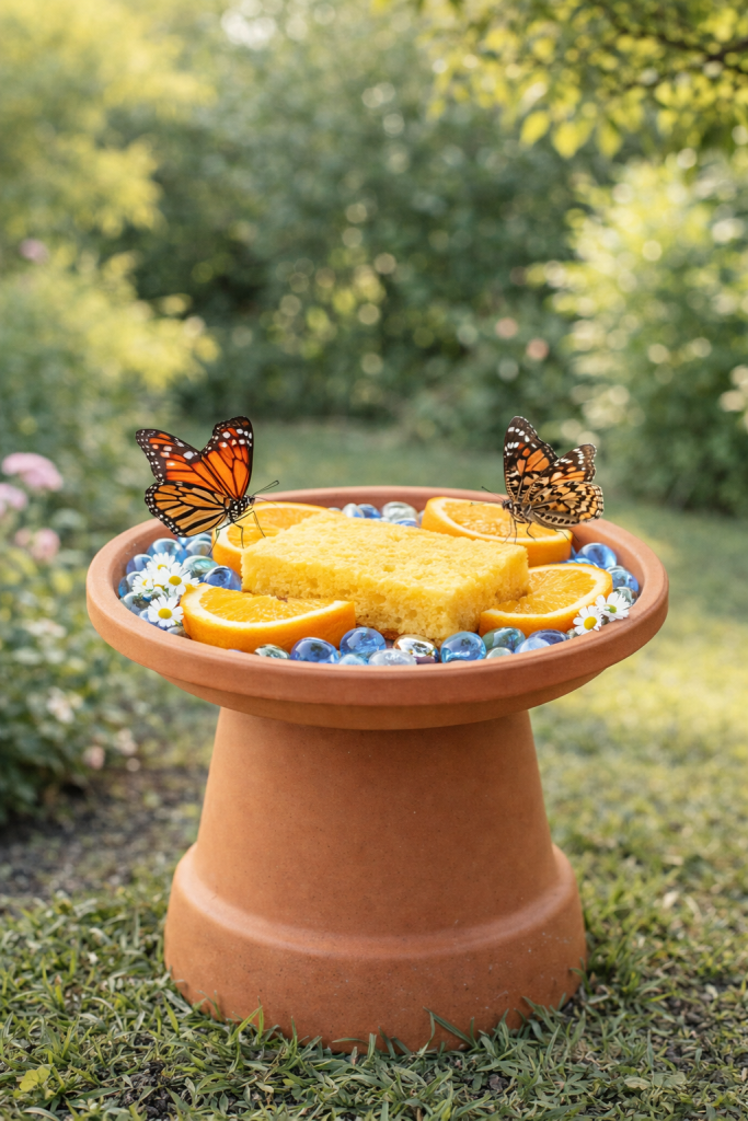 DIY butterfly feeder made from a terracotta pot and saucer with sponge, orange slices, blue glass gems, and small white flowers in a sunny garden