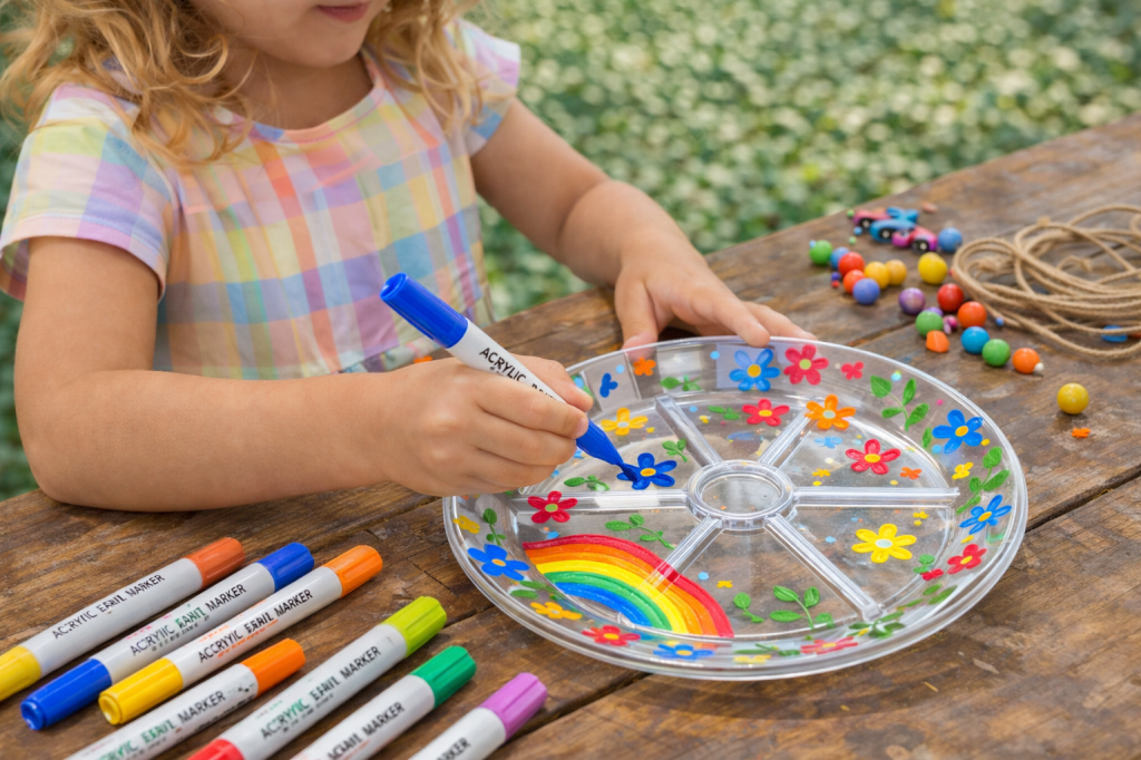 Child decorating a clear plastic plant saucer with colorful acrylic paint markers, creating flowers and a rainbow design at an outdoor table with beads and craft supplies nearby.