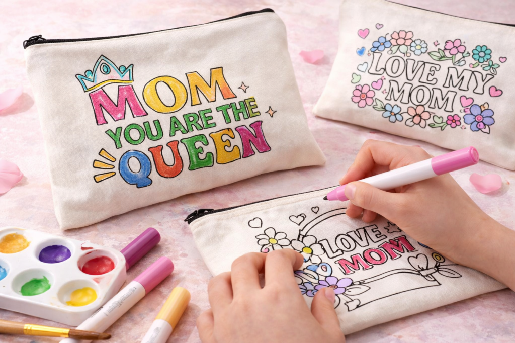 kid decorating make up bag for mothers day. 