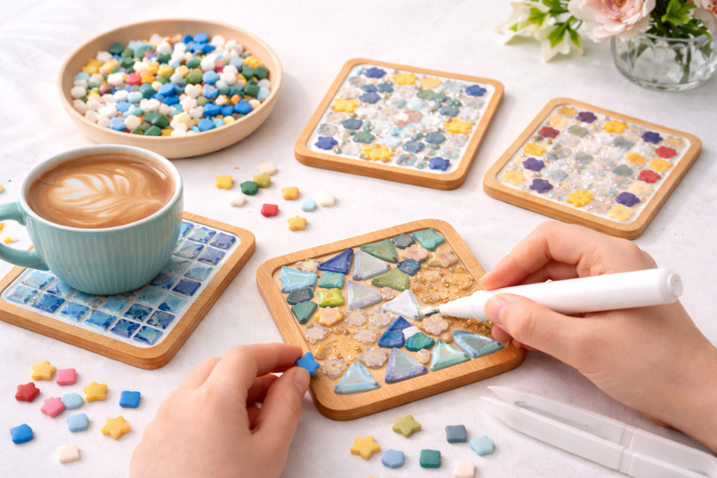 Kids creating a mosaic tile coaster with colorful pieces and glue, DIY Mother’s Day gift idea for older kids