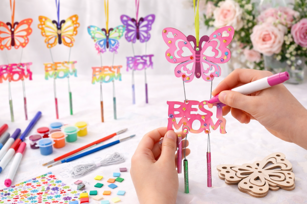 Kids decorating a butterfly wind chime craft with paint and markers, DIY Mother’s Day gift idea kids can make