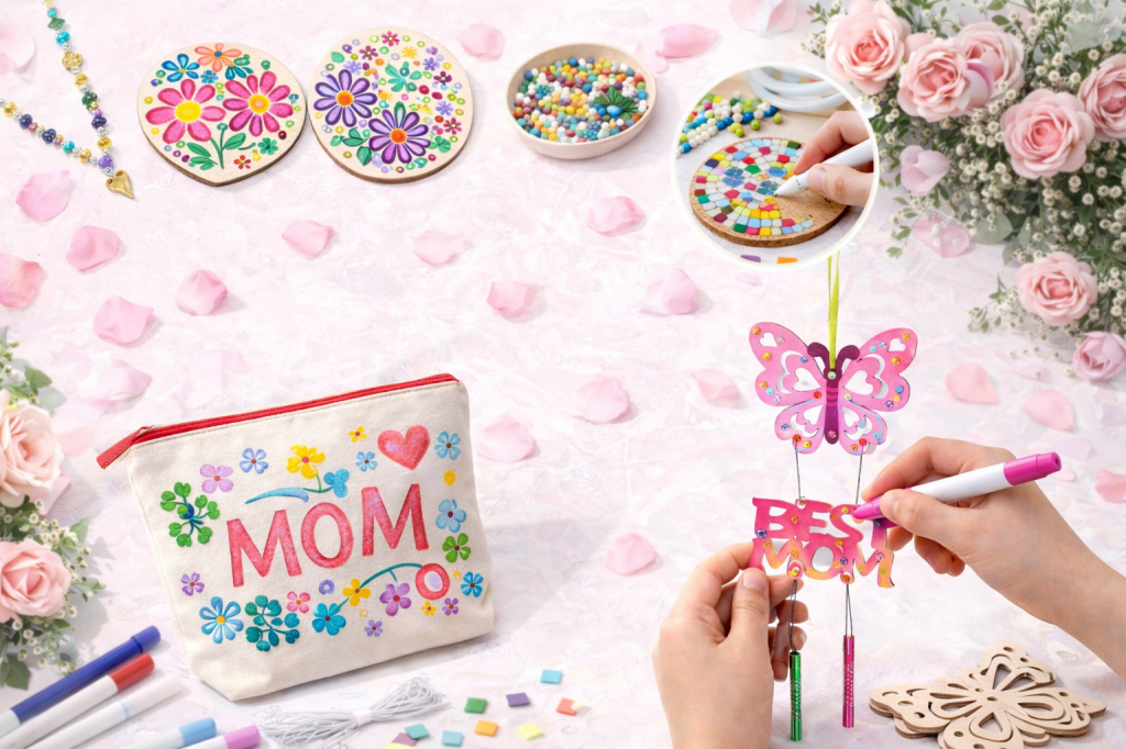 DIY Mother’s Day crafts kids can make including painted coasters, mosaic coaster, makeup bag, and butterfly wind chime on a soft floral background
