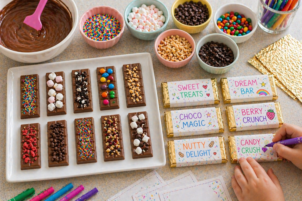 Kids decorating homemade chocolate bars with colorful toppings and wrapping them in foil with DIY labels for a fun chocolate factory party activity
