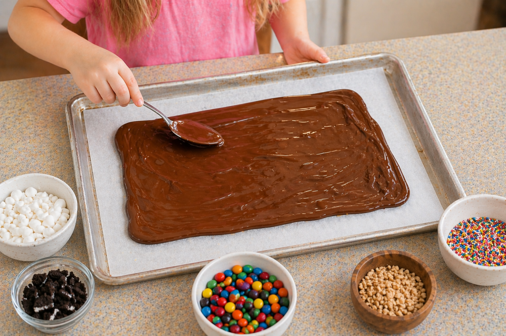 “Child spreading melted chocolate onto a baking sheet to make chocolate bark, with bowls of sprinkles, M&Ms, marshmallows, and cookie pieces nearby.”