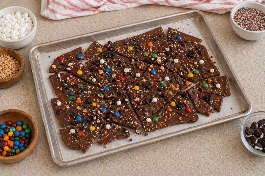 “Chocolate bark broken into pieces on a baking sheet, topped with M&M candies, sprinkles, mini marshmallows, and cookie crumbs, surrounded by bowls of toppings.”