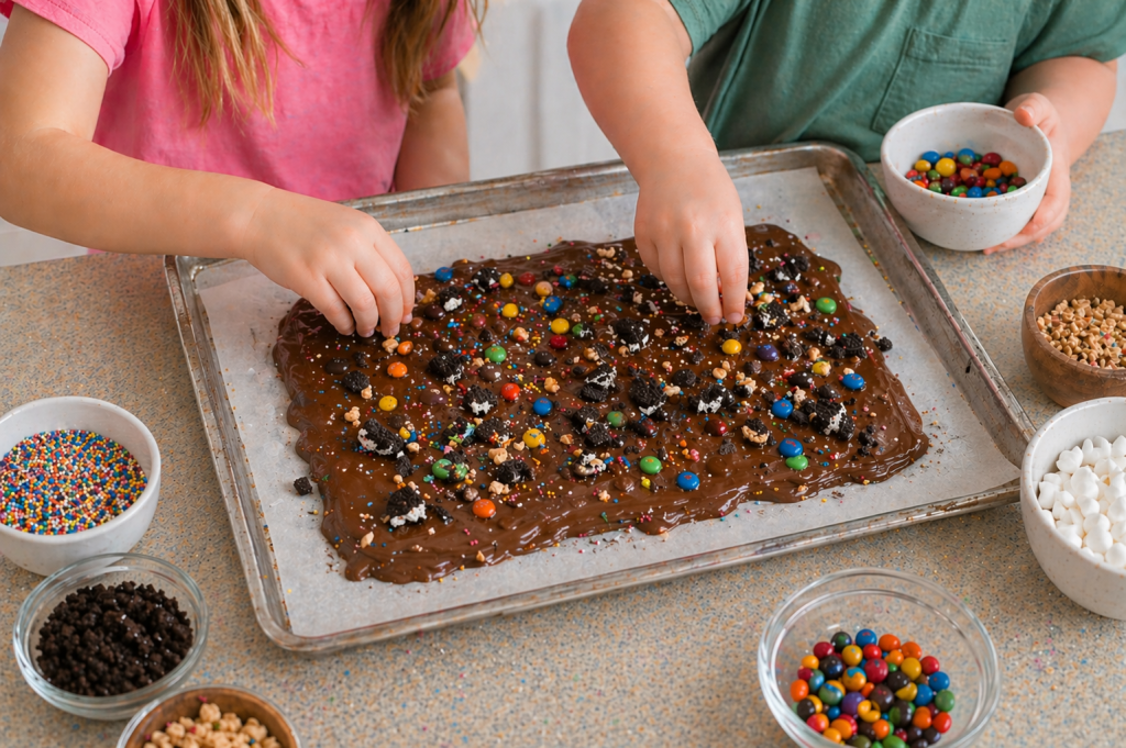 “Kids adding candy and toppings to melted chocolate bark on a baking sheet, with bowls of sprinkles, M&Ms, marshmallows, and cookie pieces around.”