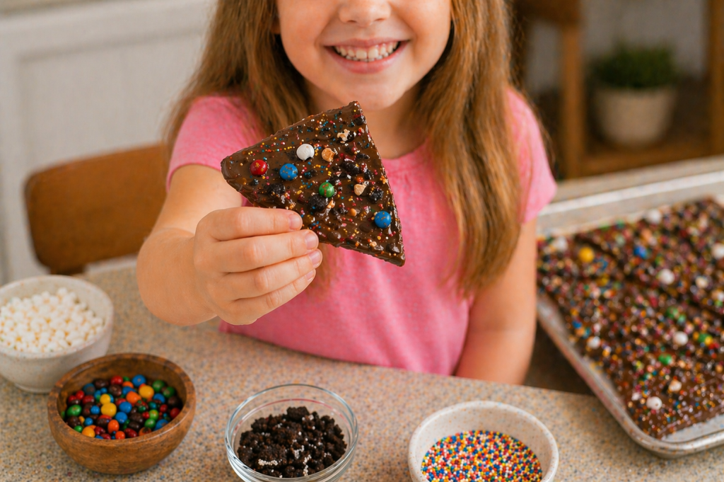 “Girl holding a piece of homemade chocolate bark topped with candy, sprinkles, and cookie pieces, smiling in a kitchen.”
