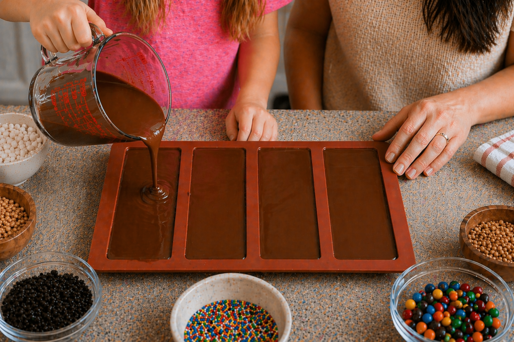 Child pouring melted chocolate into long silicone chocolate bar molds while an adult helps, with bowls of sprinkles and candy mix ins on the counter.