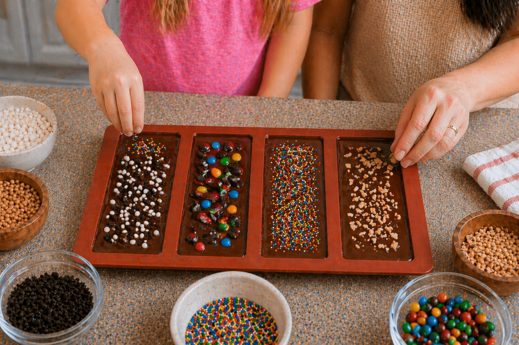 Child adding sprinkles and candy toppings to melted chocolate in silicone chocolate bar molds.