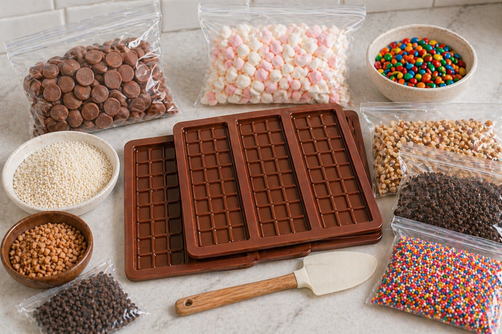 “Chocolate bark ingredients on a countertop including milk chocolate melting wafers, chocolate chips, silicone chocolate bar molds, sprinkles, mini marshmallows, nuts, and a spatula.”