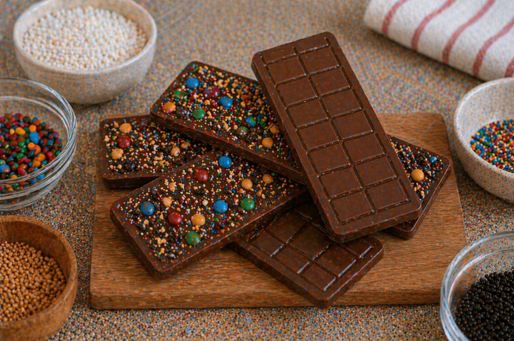 DIY chocolate bars stacked on a wooden board, showing both sides—one smooth segmented mold side and one topped with colorful candy pieces and sprinkles, surrounded by bowls of mix-ins.