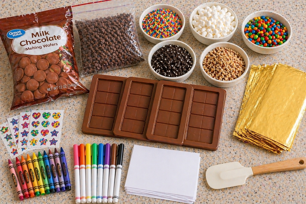 “Chocolate bark supplies arranged on a countertop including milk chocolate melting wafers, chocolate chips, silicone chocolate bar molds, sprinkles, marshmallows, candy, nuts, gold foil wrappers, paper, markers, crayons, and stickers.”