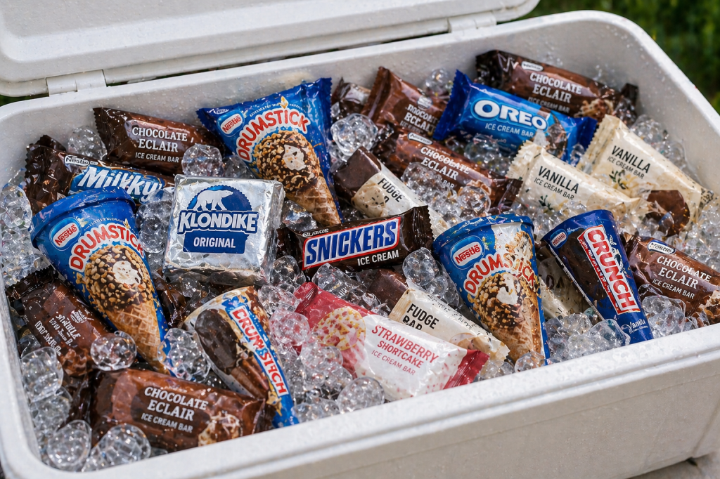 Ice cream bars and Nestlé drumstick cones in cooler with ice for graduation party ice cream bar idea