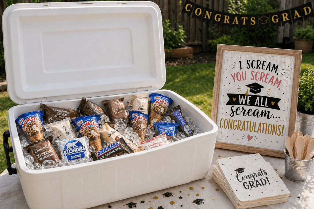 Graduation ice cream bar setup with cooler of ice cream bars, printable sign, and napkins on an outdoor party table