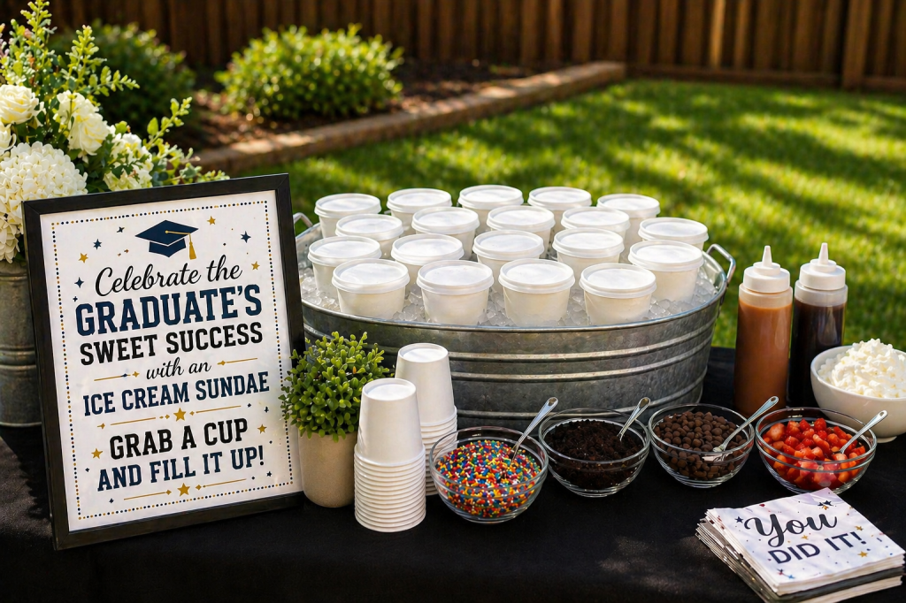 Outdoor graduation ice cream sundae bar with pre-scooped white cups in a galvanized tub over ice, simple toppings in bowls, and a framed “Celebrate the Graduate’s Sweet Success” sign on a black table in a backyard setting.