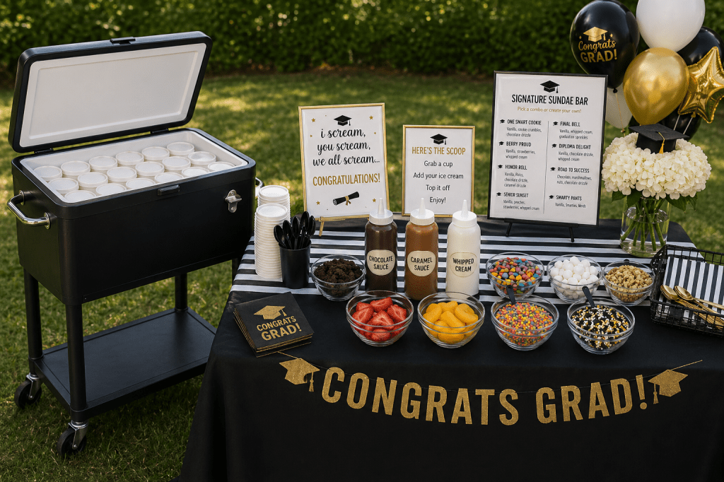 Outdoor graduation ice cream sundae bar with rolling cooler filled with pre-scooped white lidded cups, black and gold signs, squeeze bottles of chocolate and caramel sauce, and bowls of toppings including strawberries, peaches, marshmallows, sprinkles, candy, and nuts on a black table in a backyard setting