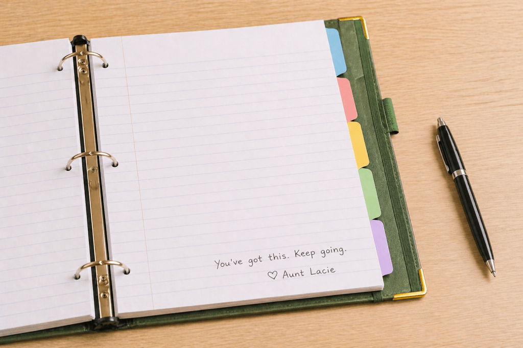 Open three-ring binder with lined paper and tabs, featuring a short handwritten encouragement at the bottom of the page signed “Aunt Lacie,” with plenty of blank space for class notes and a pen nearby.