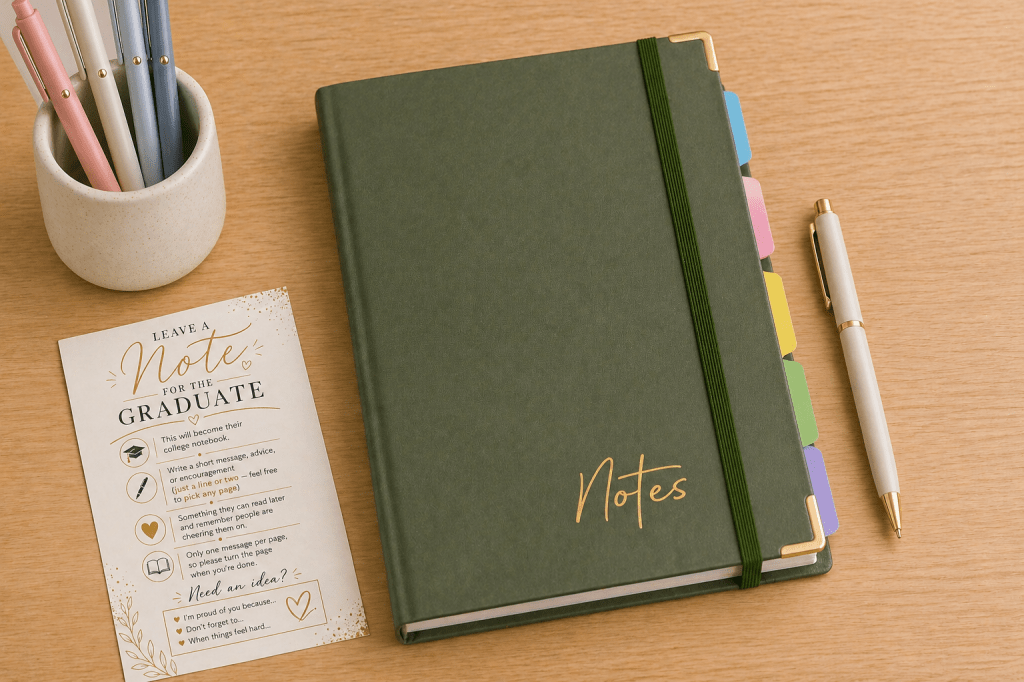 Closed green binder with tab dividers, a set of pens in a cup, and a printed “Leave a Note for the Graduate” instruction sign arranged on a wooden table.