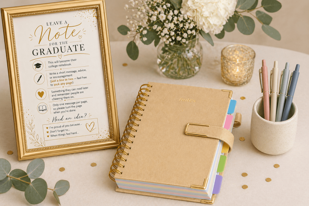 Gold spiral notebook with tab dividers styled on a table alongside a framed “Leave a Note for the Graduate” sign and a cup of pens, creating an inviting guestbook setup.