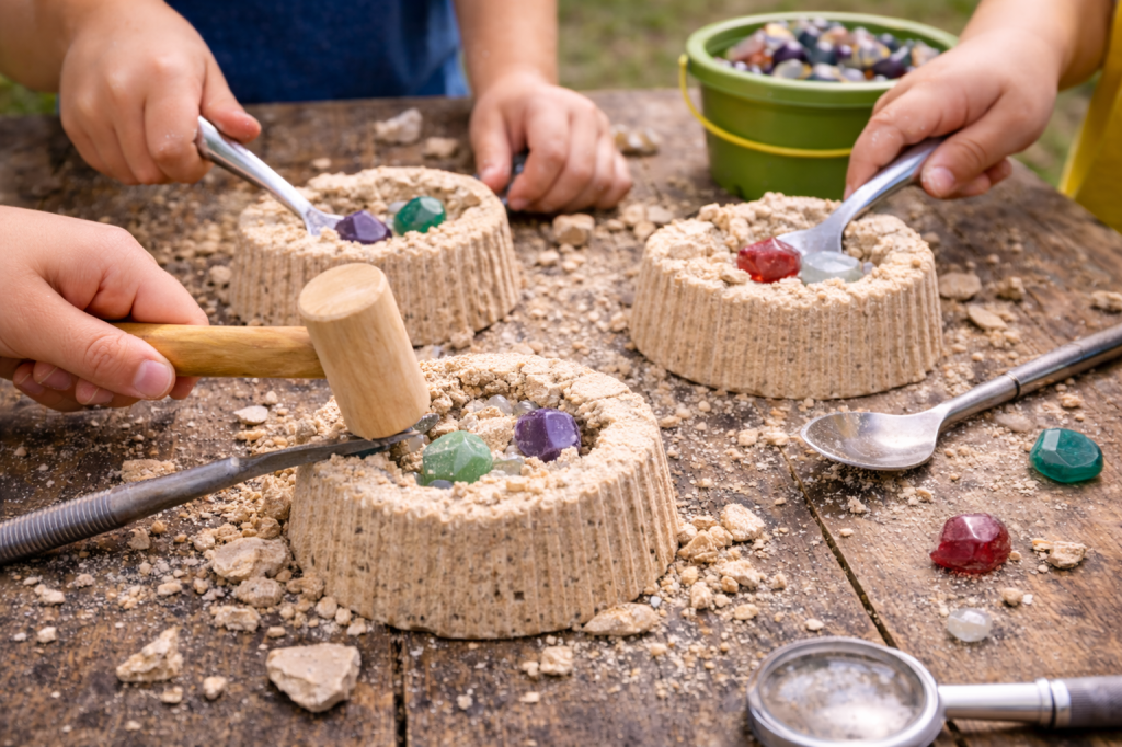 Two kids using small tools to break open DIY gem mining blocks and discover hidden gems