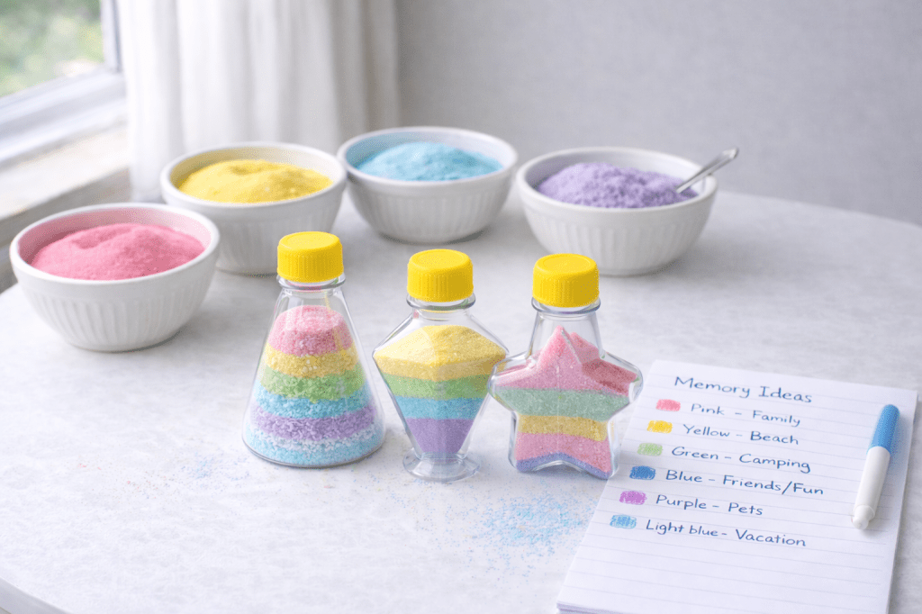DIY sand art setup with colorful layered sand in clear plastic bottles, bowls of colored sand, and a memory ideas list on a white table in soft natural light.