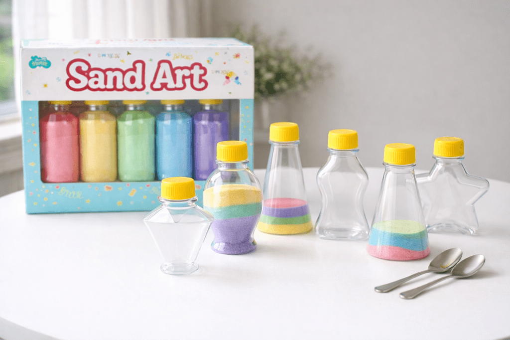 Simple sand art kit setup with plastic bottles, colored sand, and spoons on a white table