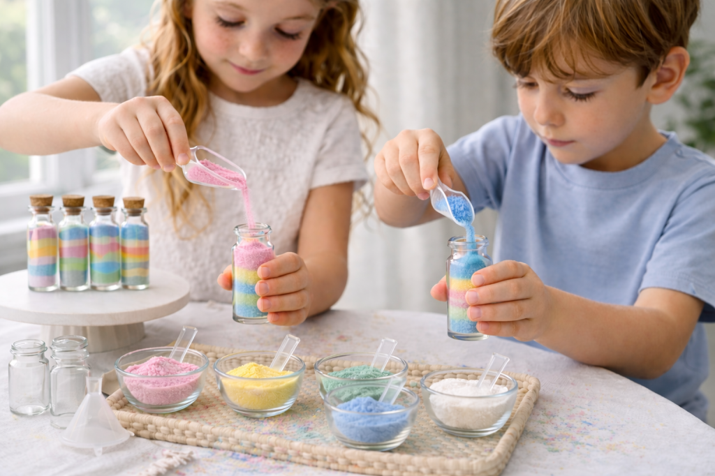 Children making sand art in small glass jars at a bright table with pastel-colored sand bowls nearby. If you want slightly more detail (but still good length):