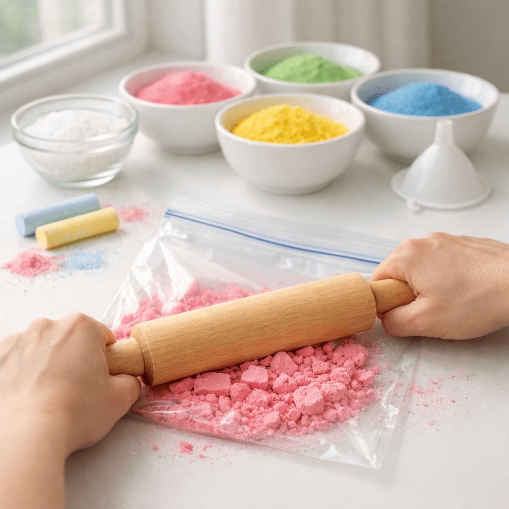 DIY sand art step crushing chalk in a ziplock bag with a rolling pin to make colored sand.