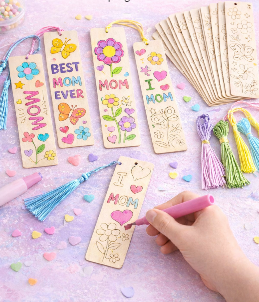 wooden mothers day bookmarks being colored
