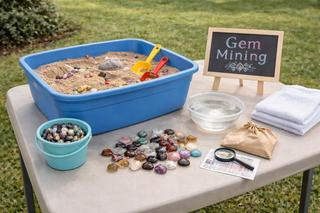 Simple backyard gem mining setup with sand bin, scattered gemstones, and basic tools on a table