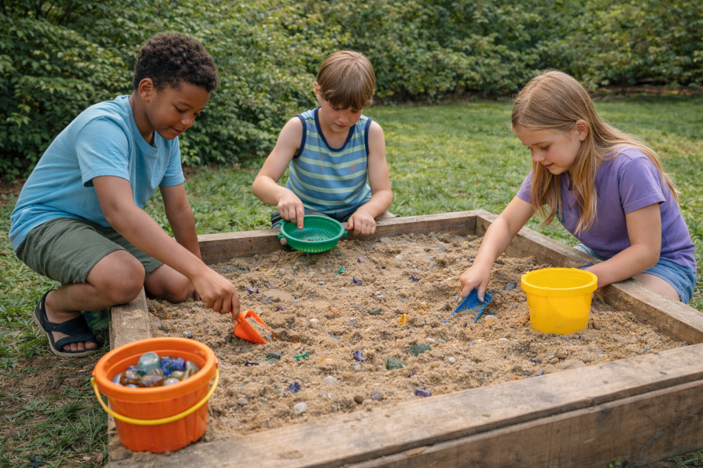 Kids doing a backyard gem mining activity in a sandbox, digging for small hidden gems with simple tools