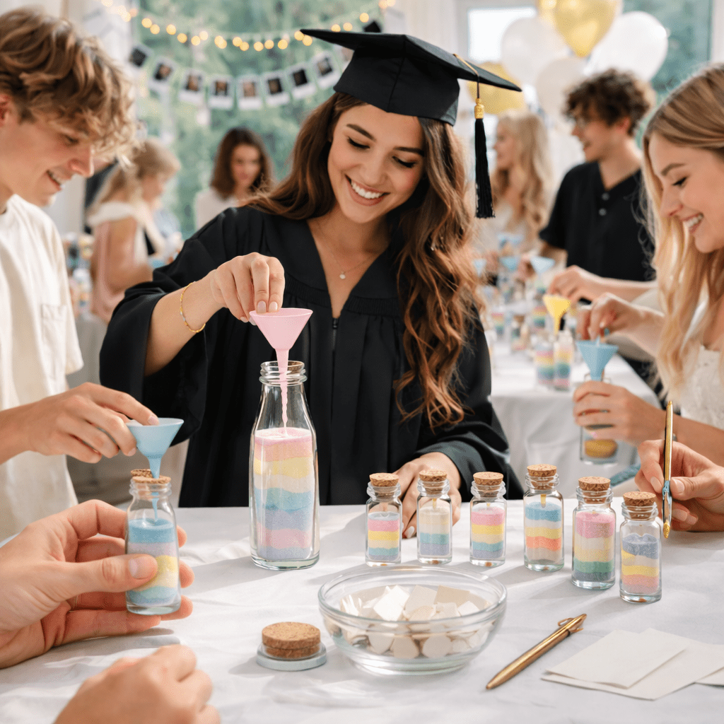 Teenage graduate in cap and gown pouring pastel sand into a tall, slim glass bottle at a graduation party, surrounded by guests creating their own layered sand art bottles and writing wishes at a bright, decorated table.